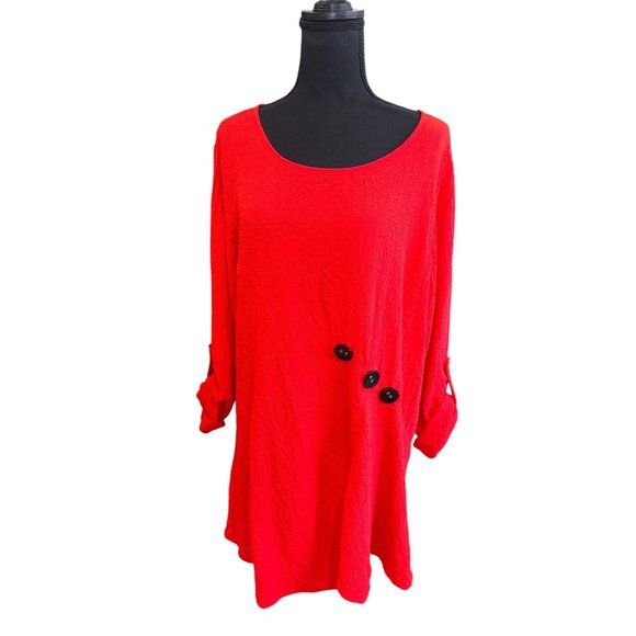 Ali Miles Red Crinkled Textured Tunic Top Button Details 1X Casual Comfort Trave - Picture 1 of 10
